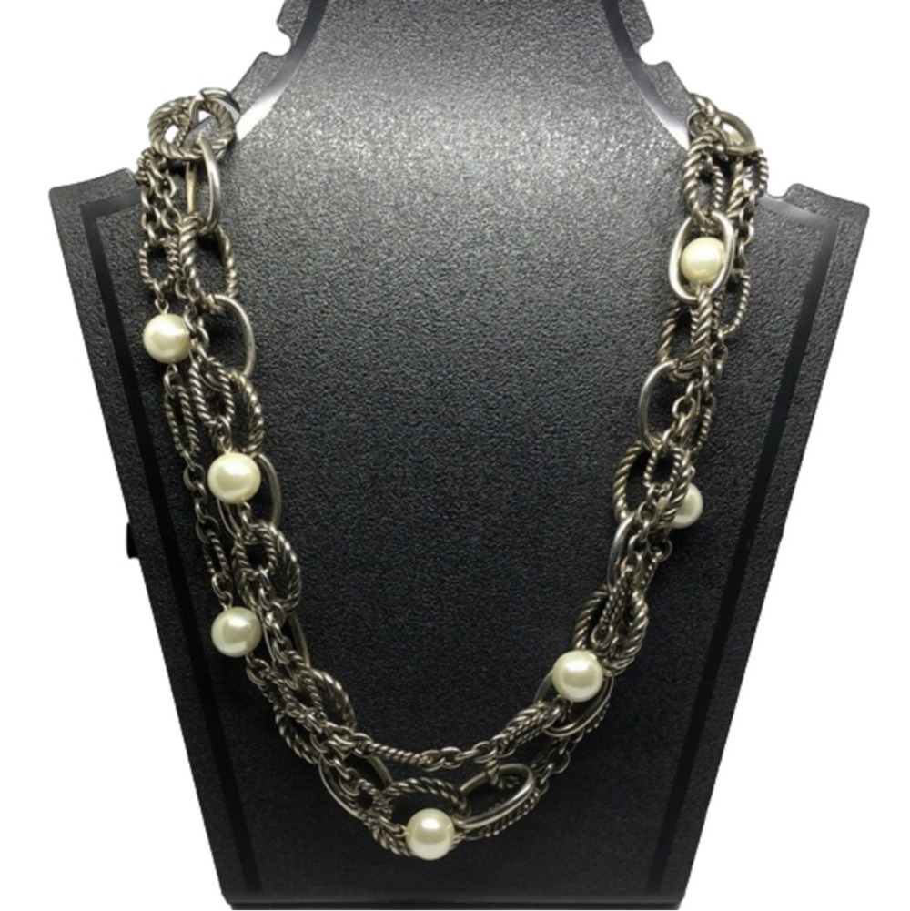 Chunky chain antique silver tone faux pearls collar layered necklace trendy.